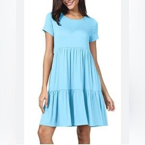 Women Ruffle Tiered Loose Swing Casual Dress Blue Large